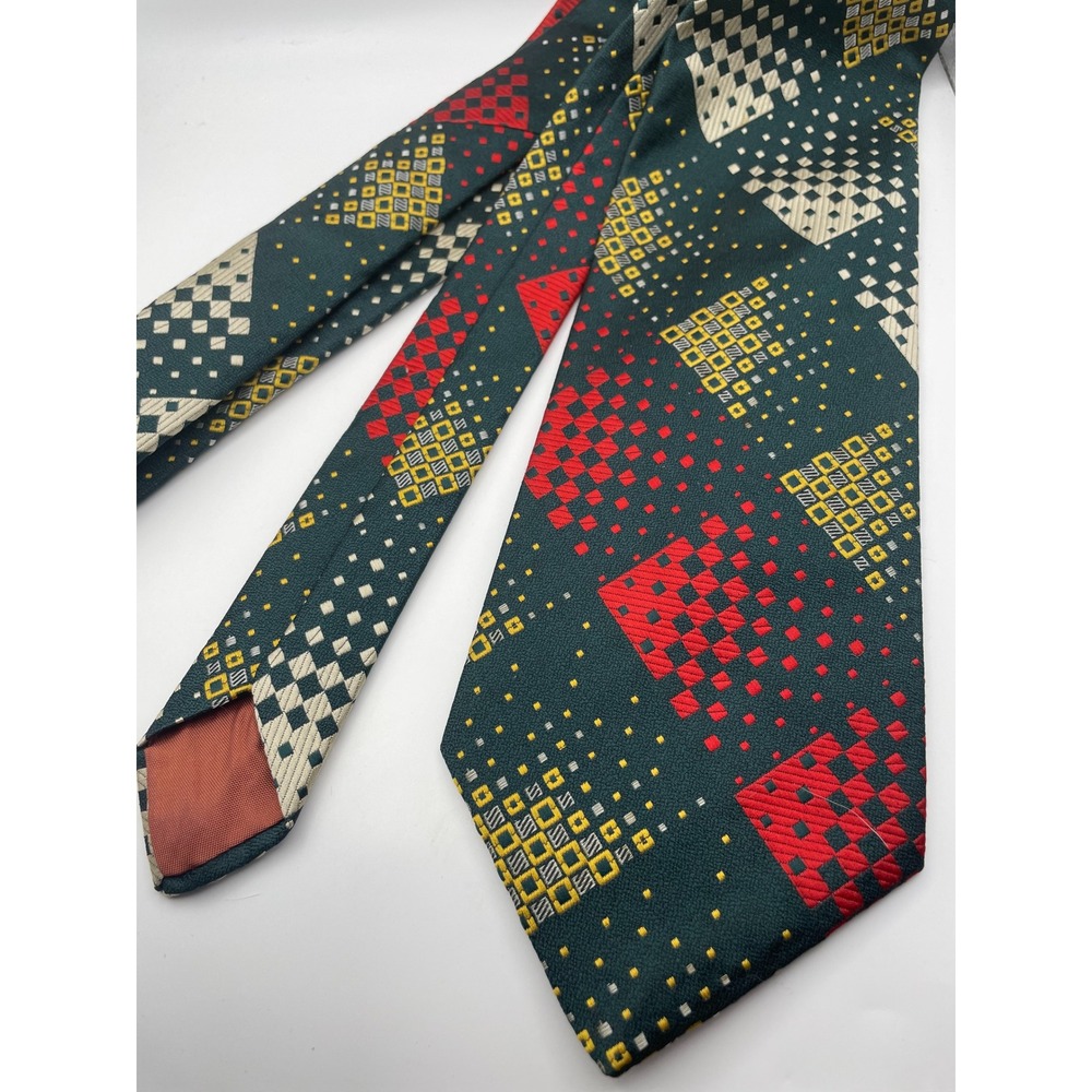 Grenada Mens Tie Forest Green Geometric Pixel Diamond Red Yellow Retro Classic